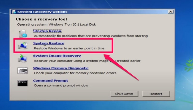 Select system restore from system recovery options