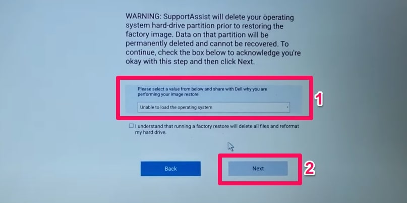 Supportassist os recovery select a reason them press next