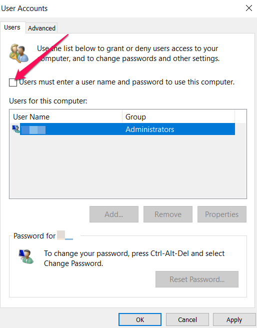 Uncheck Users must enter a user name and password to use this computer option