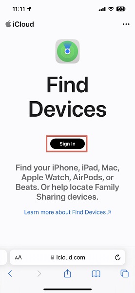 iCloud Find Devices sign in