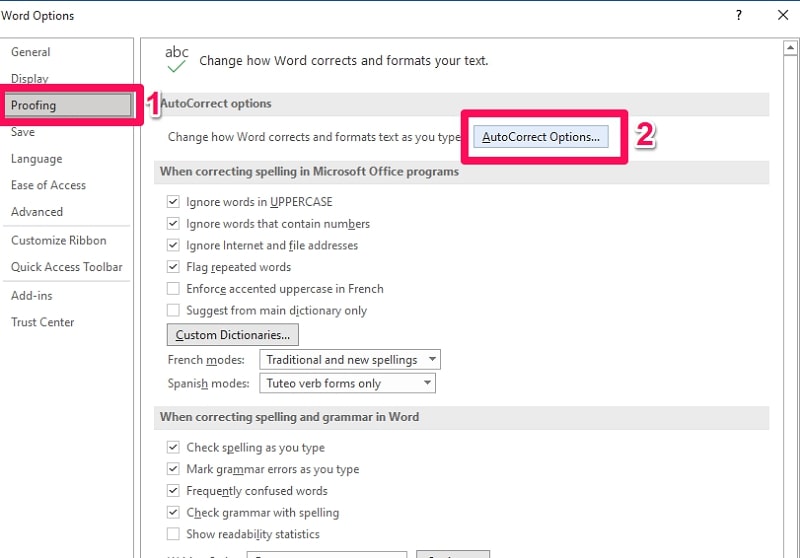 select autocorrect options in word