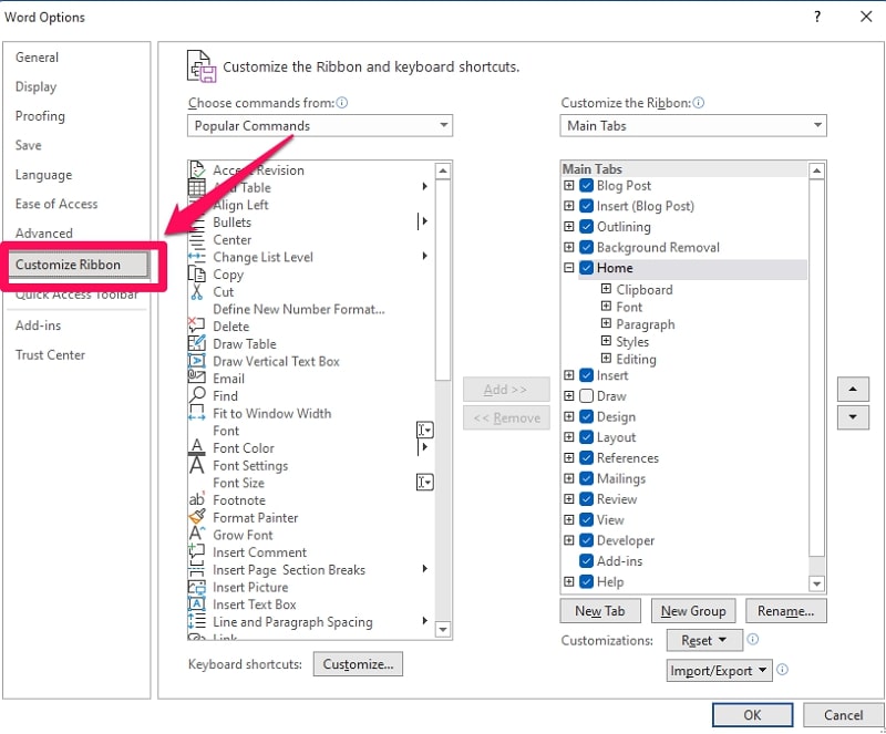 select customize ribbon in word