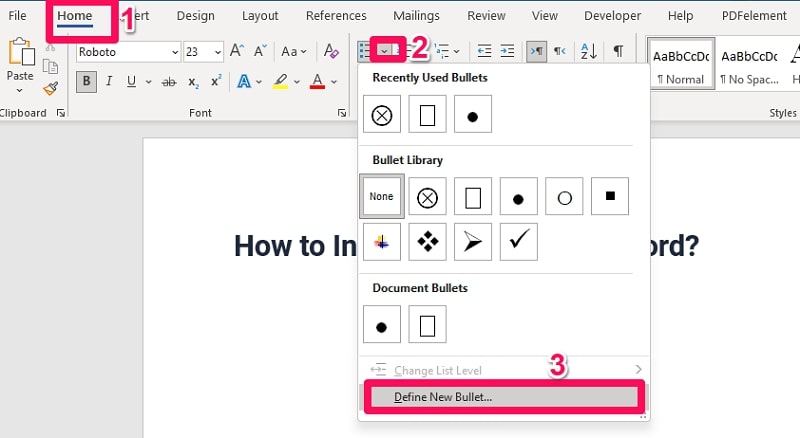 select define new bullet in word