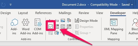Select the check box content control button in word
