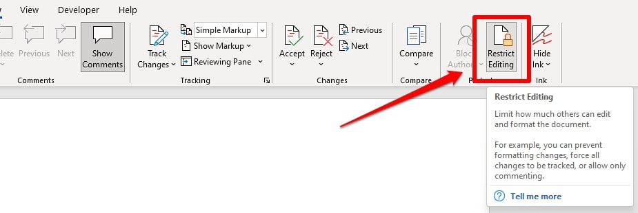 click restrict editing in word
