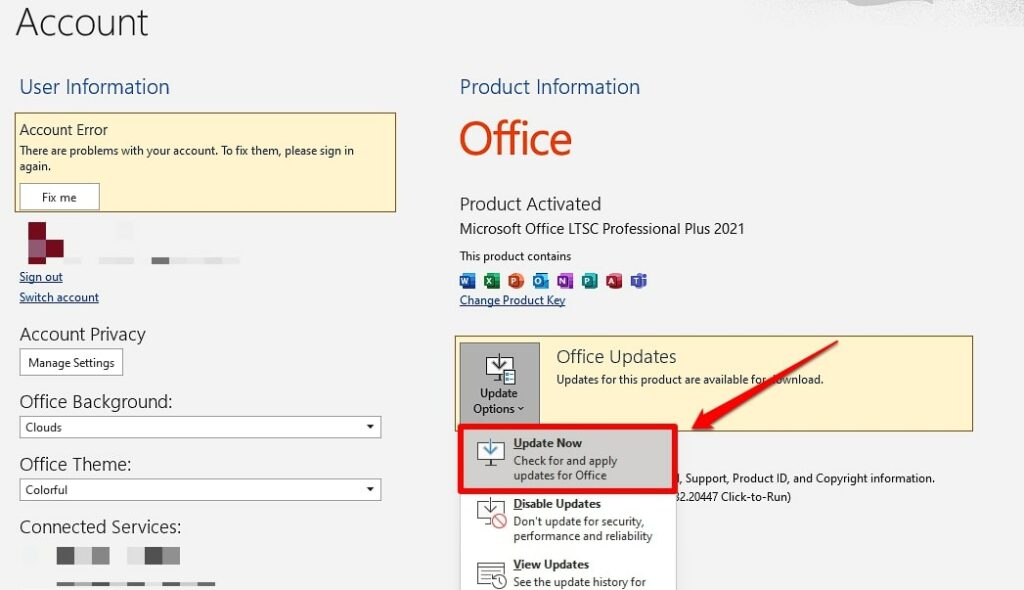 click update now from office updates in word