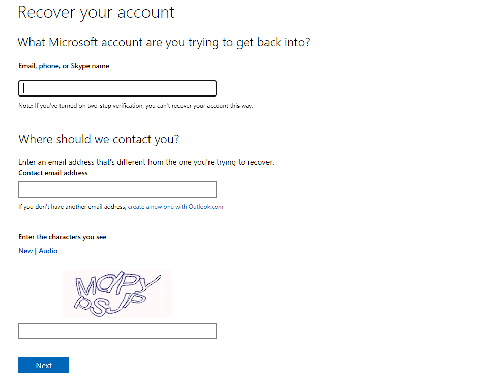 fill the form for microsoft account password reset