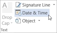 screenshot of the Word ribbon showing how to insert date in word as plain text via insert tab