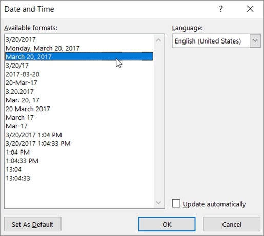 screenshot of the date box showing how to insert date in word as plain text via insert tab