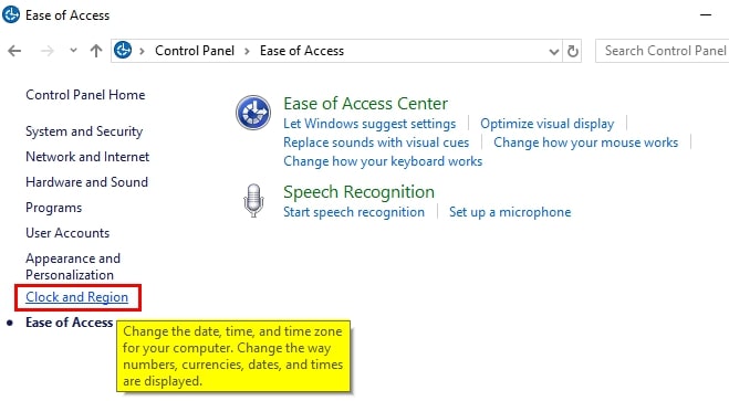 screenshot of the control panel showing how to change formats of date in Word 