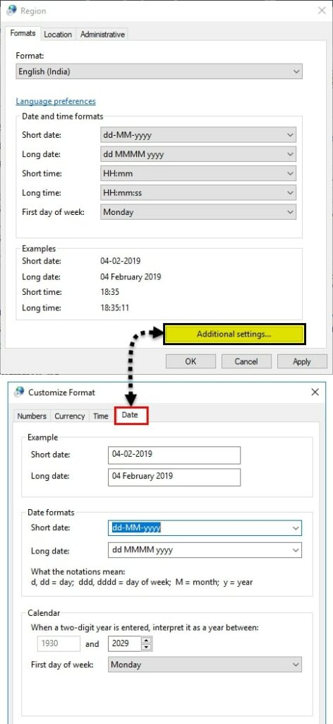 screenshot of the control panel showing how to change date and time formats in Word