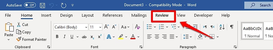 review tab in word