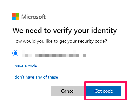 Select get code in microsoft account