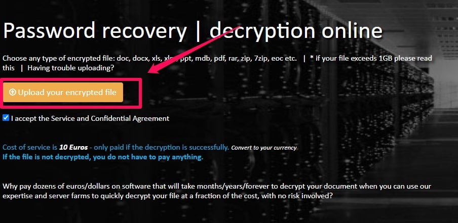 Upload your encrypted file on password online recovery