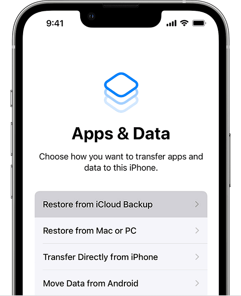 Apps & Data screen that allows you to restore iMessages from iCloud backup