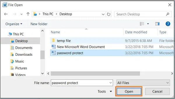 Choose password protected word document in vba