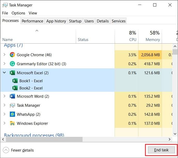 press the end task button on task manager to force quict excel