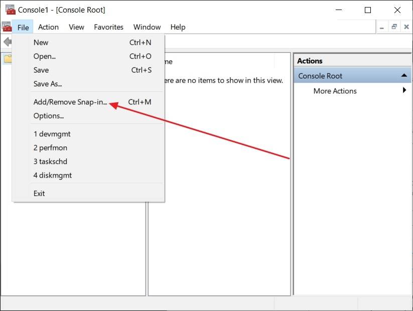 choose add remove snap-in option in console 1 window