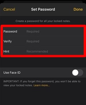 New password and confirmation for notes