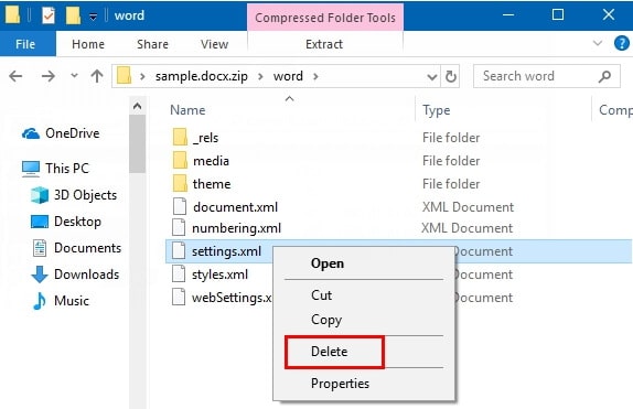 delete setting xml form word document zip