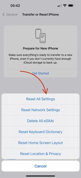 choose reset all settings option on iPhone