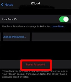 Reset password from notes settings