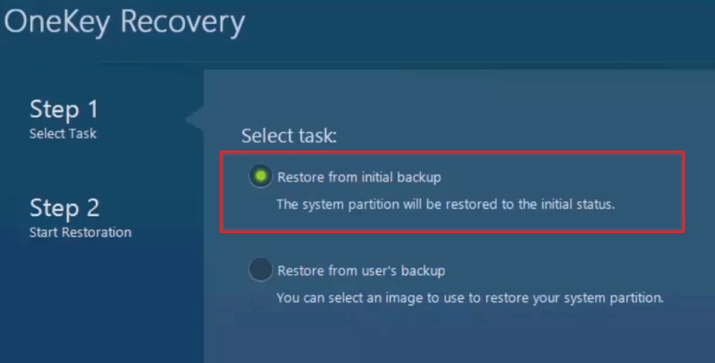 Restore from initial backup option to factory reset the Lenovo laptop 