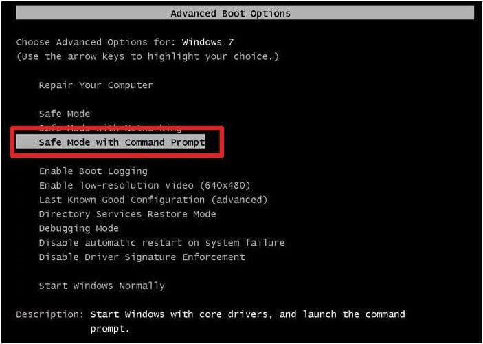 Safe mode with command prompt on Windows 7
