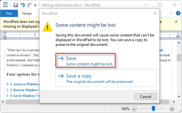 Save word document in wordpad