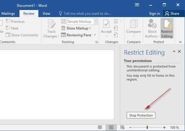 stop restrict editing in word document