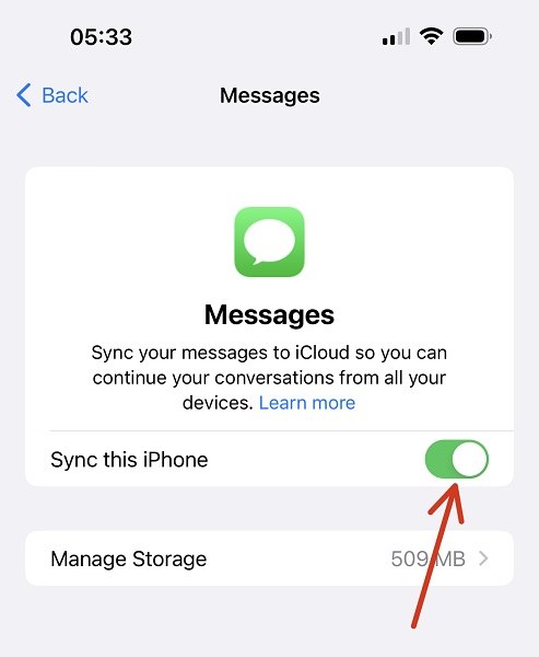 Turn Off iCloud Messages and Then On