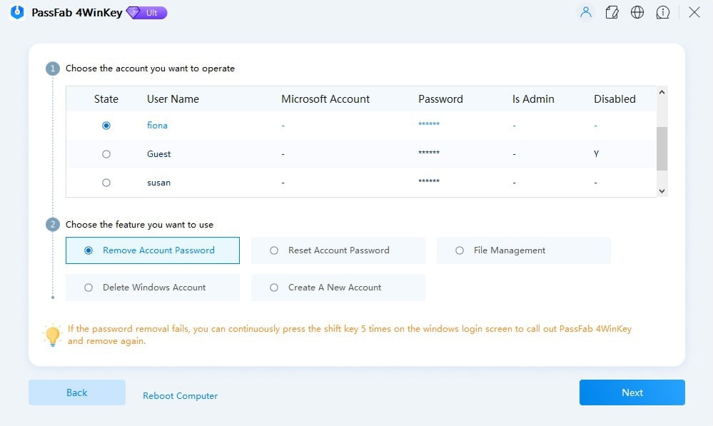 Windows password recovery choose account and feature