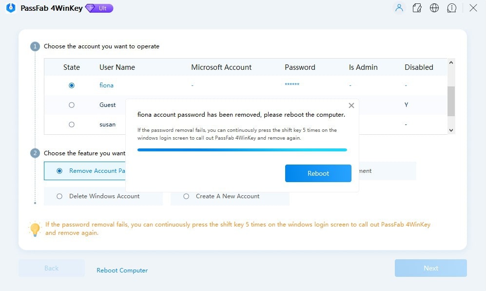 Windows password recovery removed password
