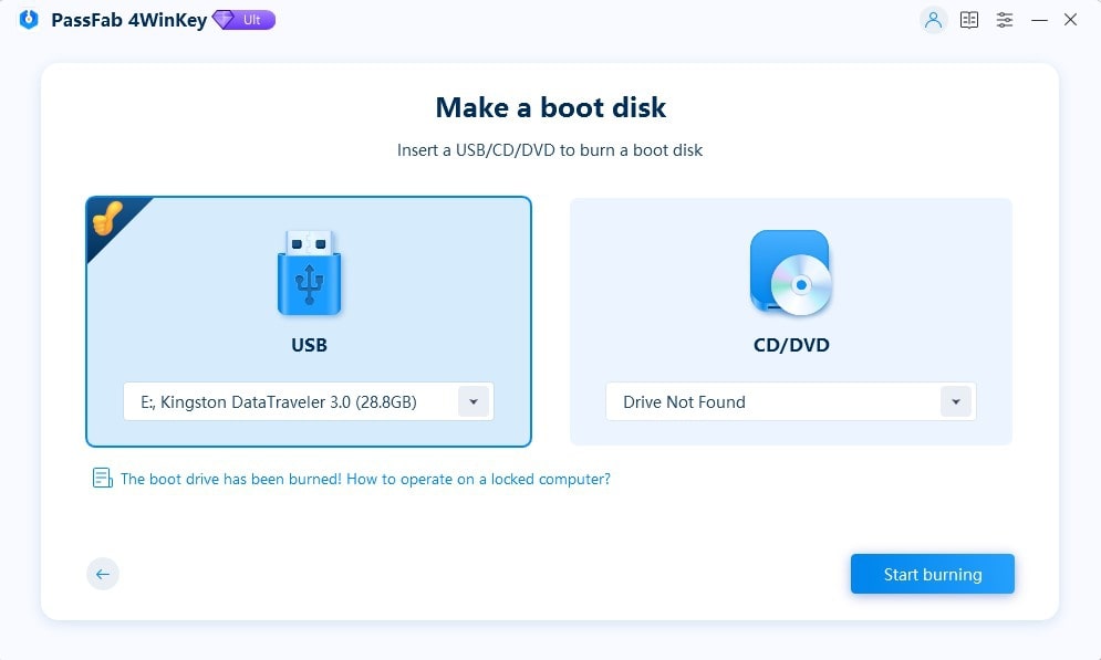 Windows password recovery start burning