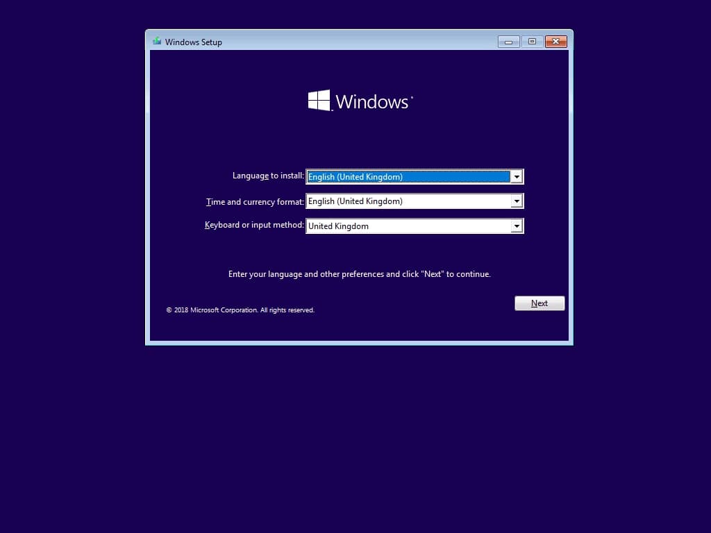 Windows setup interface