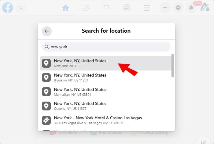 the 'check-in' option with the location search bar