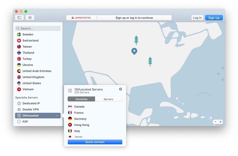 NordVPN screenshot showing how to connect a different server to change the Facebook location