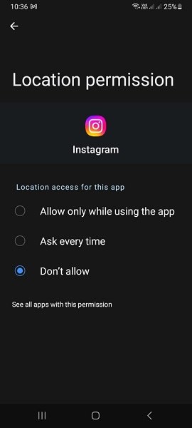 deny instagram location permission on Android