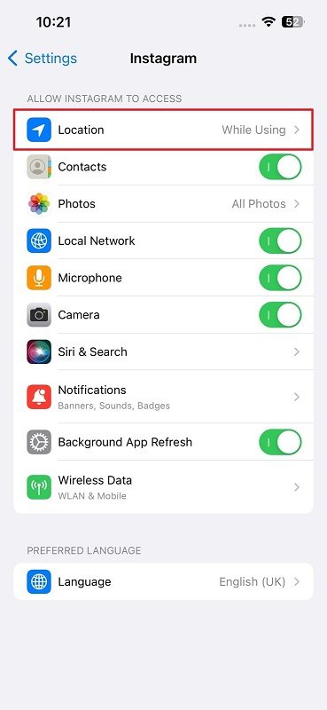 deny instagram location permission on iPhone