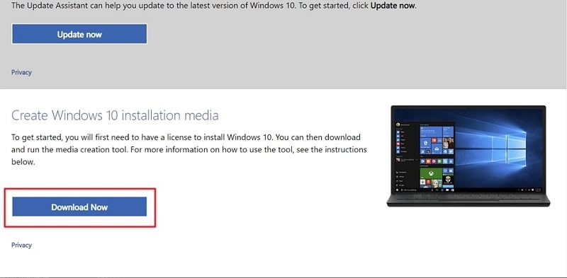 press the download now button on Windows 10 download page