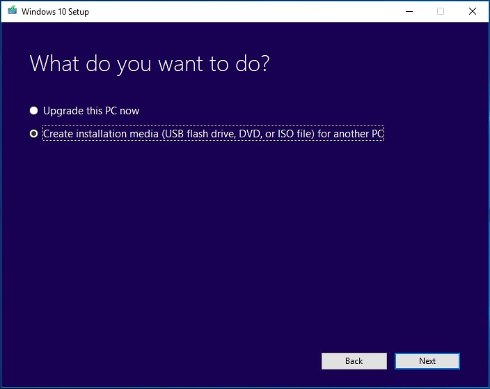 choose create installation media on Windows Media Creation Tool