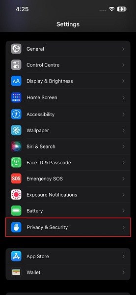 access privacy and security option on iPhone