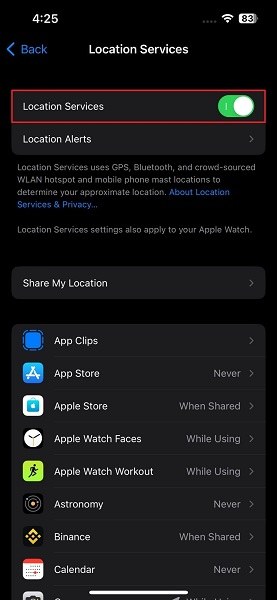 enable the location services on iPhone