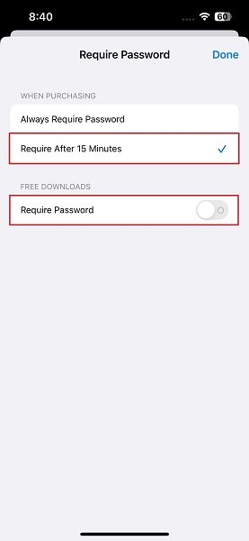 enable the required options for App store keep asking for password