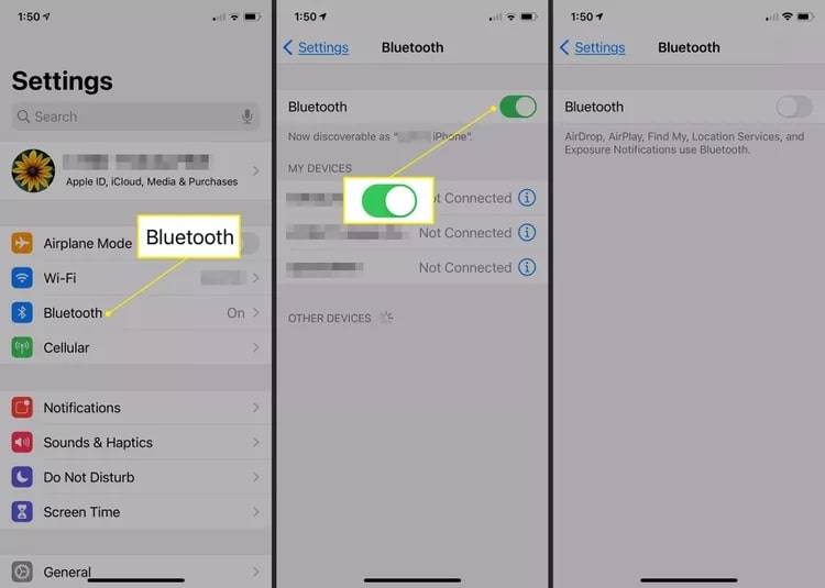 turn off Bluetooth on iPhone via Settings