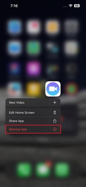 select the remove app option on iPhone