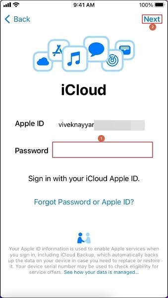 Enter Apple ID and password to restore from iCloud backup