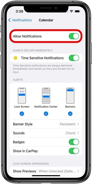 Allow Notification option in the App Settings on iPhone