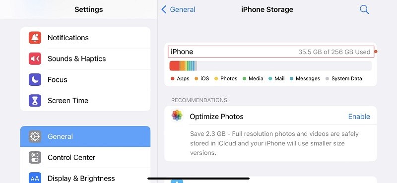 check the amount of free space on iPhone