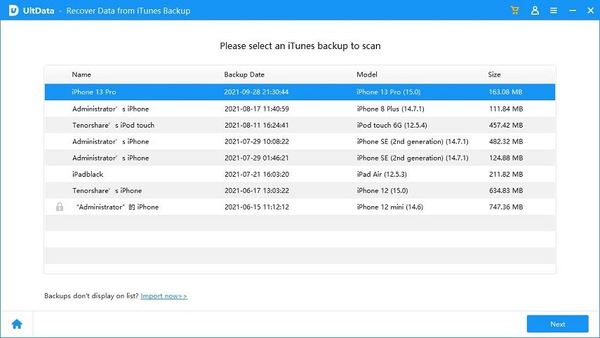 iPhone data recovery select an iTunes backup
